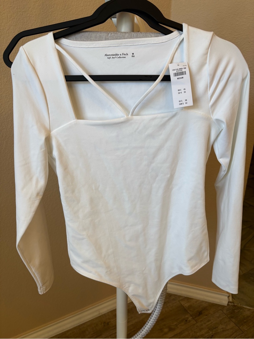 Abercrombie & Fitch White Long-Sleeve Square-Neck Bodysuit with Cross Strap